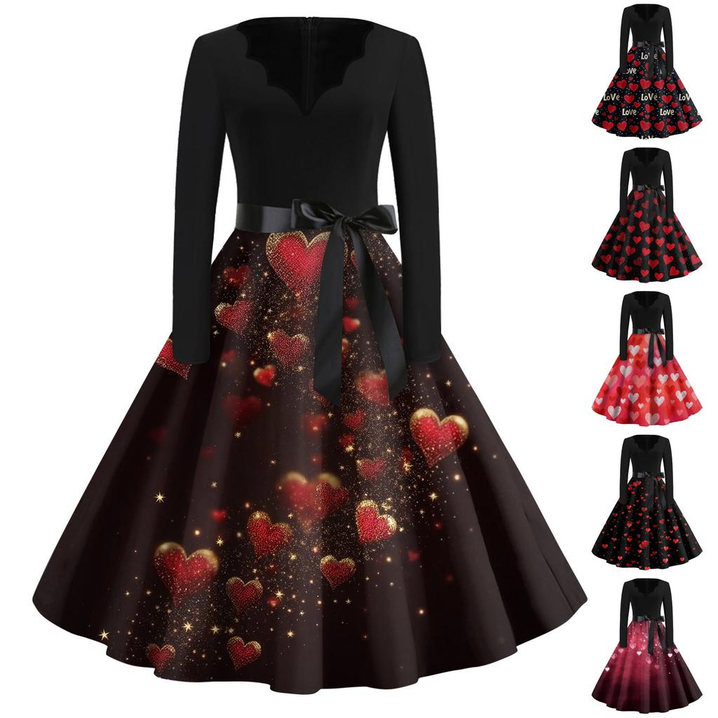 Print Flare Dress For Women Long Sleeve Dress Hollow Party Casual Dresses