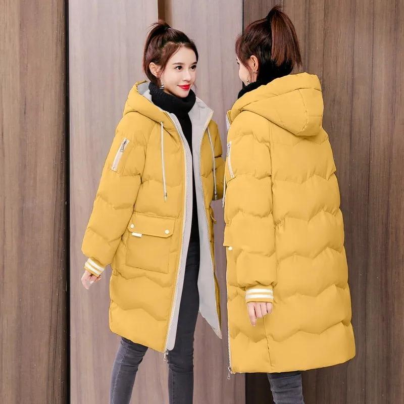 Women Winter Coat Mid-length Cotton Padded Parkas Hooded Warm Thicken Casual Overcoat Loose  Wear Solid Outwear Jacket