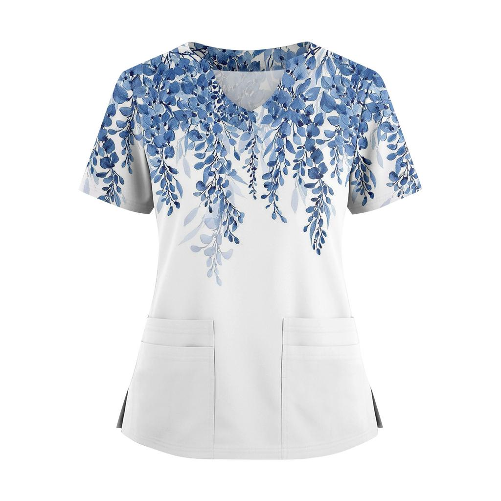 Damen locker kurzärmlig modisch geometrischer Druck von Pflanzen und Blumen Druck V-Ausschnitt knopfbar Seitenschlitz Oberteil T-Shirt