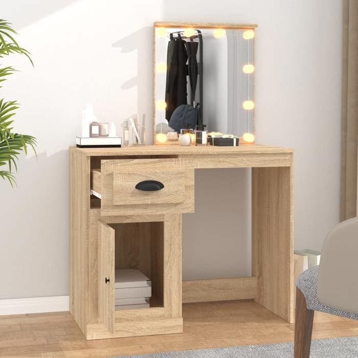 VidaXL Coiffeuse avec LED, Table de Maquillage avec Rangement, Table Cosmétique, Meuble de Chambre à Coucher, Moderne, Chêne 816771