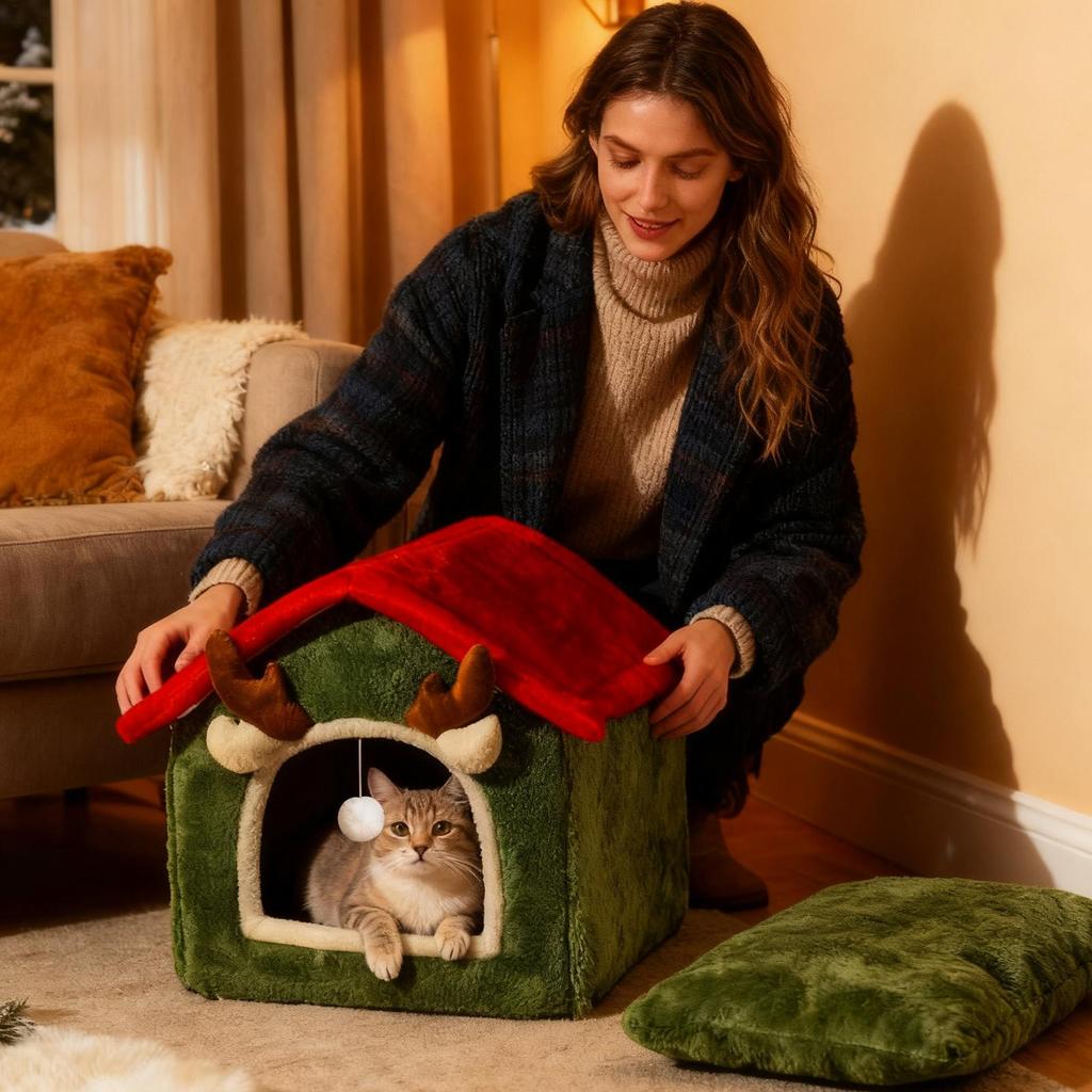 Christmas Cat House Washable Warm Furniture Christmas Cat House Winter Nest For Bedroom Living Room Balcony Playing Resting