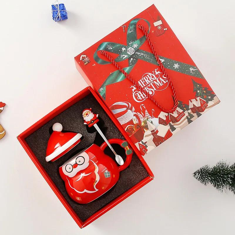 Weihnachtsbecher Neujahrsgeschenk-Dekorationsset Trinkgeschirr Partydekoration Kaffeetasse mit Deckel Löffel Cartoon Niedliche Keramiktasse Teetasse