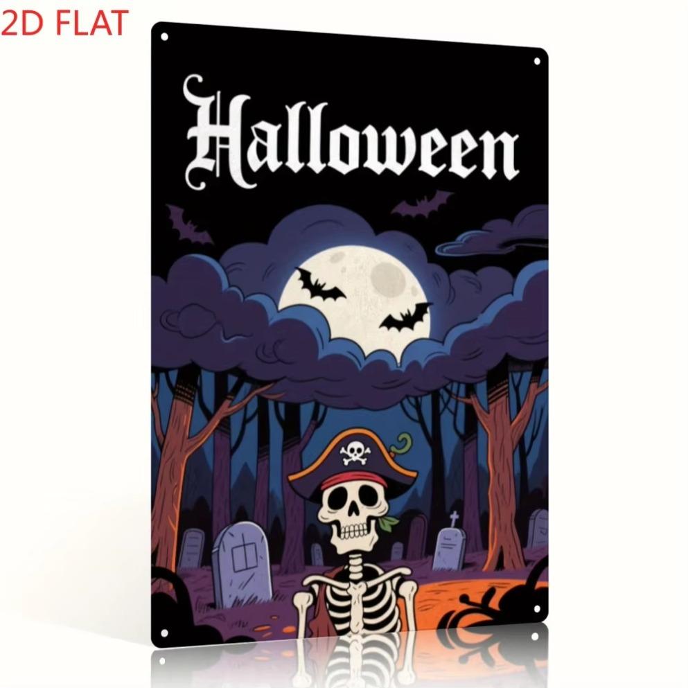 1pc 2D Flat Vintage Halloween Iron Sign - Spooky Skeleton/Haunted House/Full Moon/Bats Decor, Ideal for Living Room/Garden