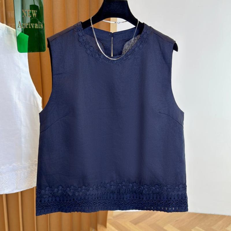Korean Style Sleeveless Linen Blouse - Women's 2025 Summer Embroidered Round Neck Top