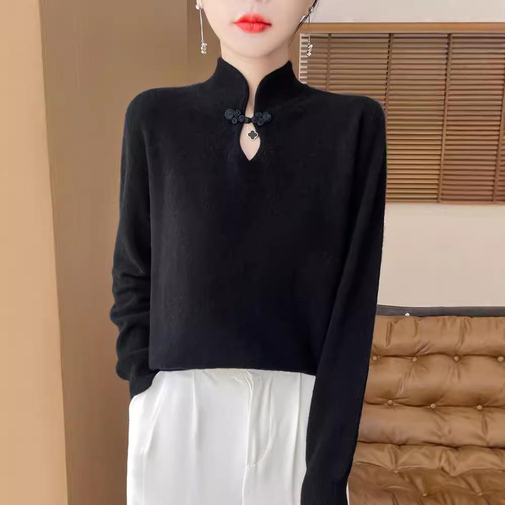 National Style Collar Disc Button Long Sleeve Knitted Bottoming Sweater Women's Slim Inner  Sweater