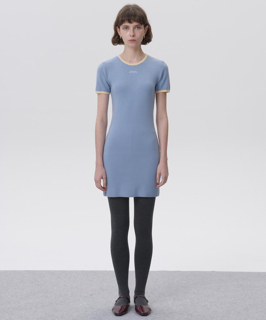 Plack Woman Ribbed Knit Mini Dress Light Blue
