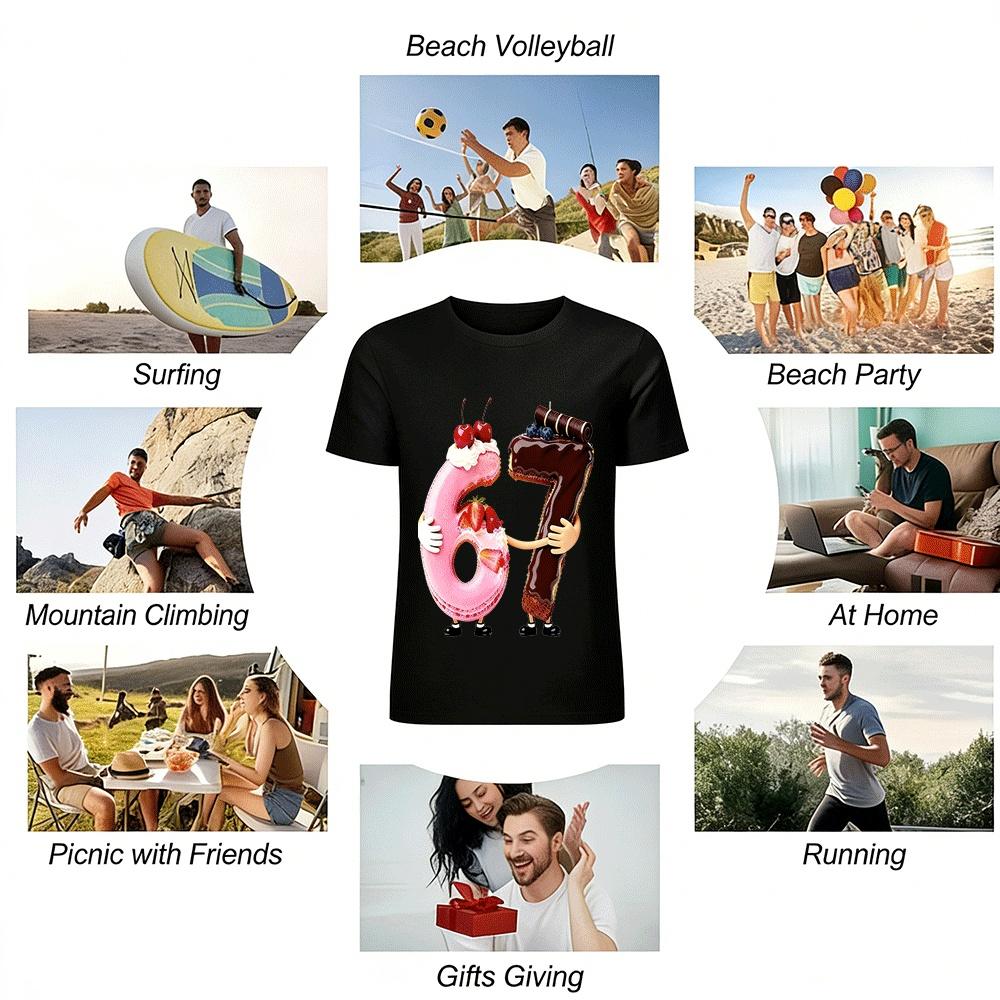 Fun 67 Dessert Print Casual Top For Men And Women Pure Cotton T-shirt