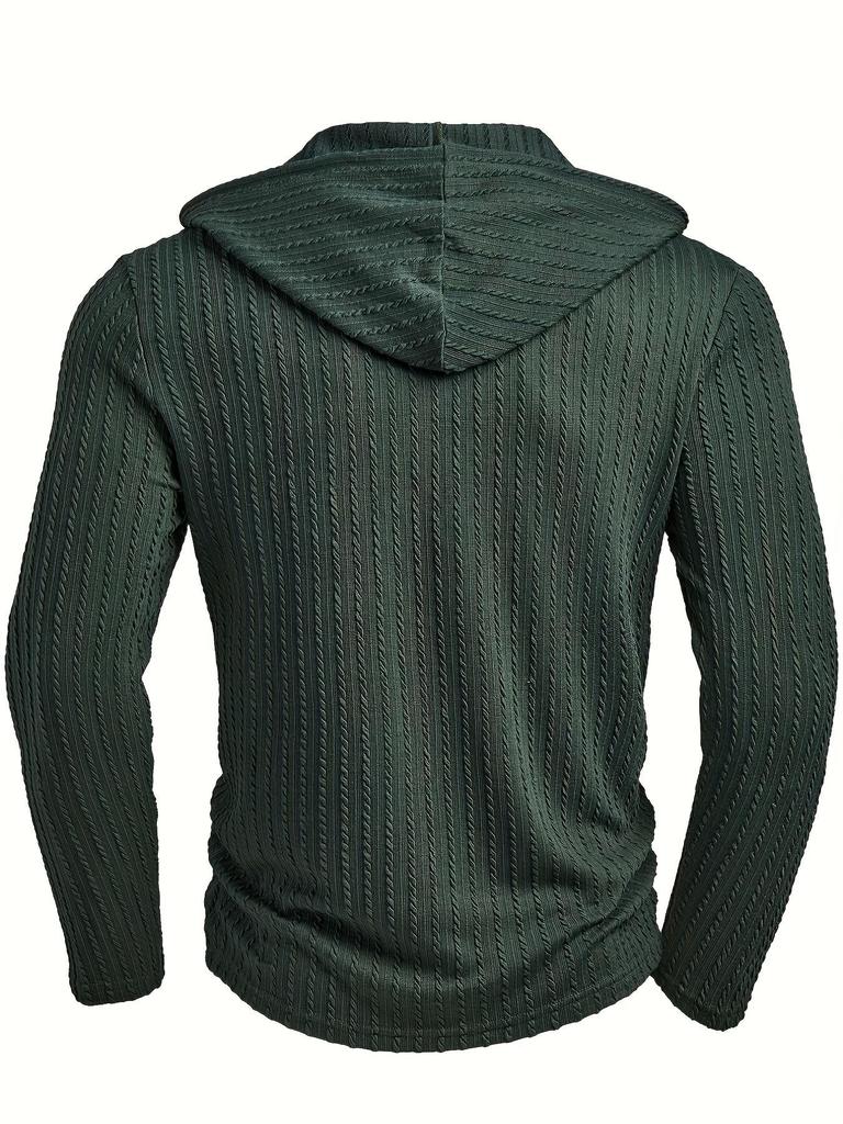 2025 Heren Effen Kleur Hoodie: Herfst & Winter Casual Gestructureerde Stof met Lange Mouwen en Knoopjes met Trekkoord.