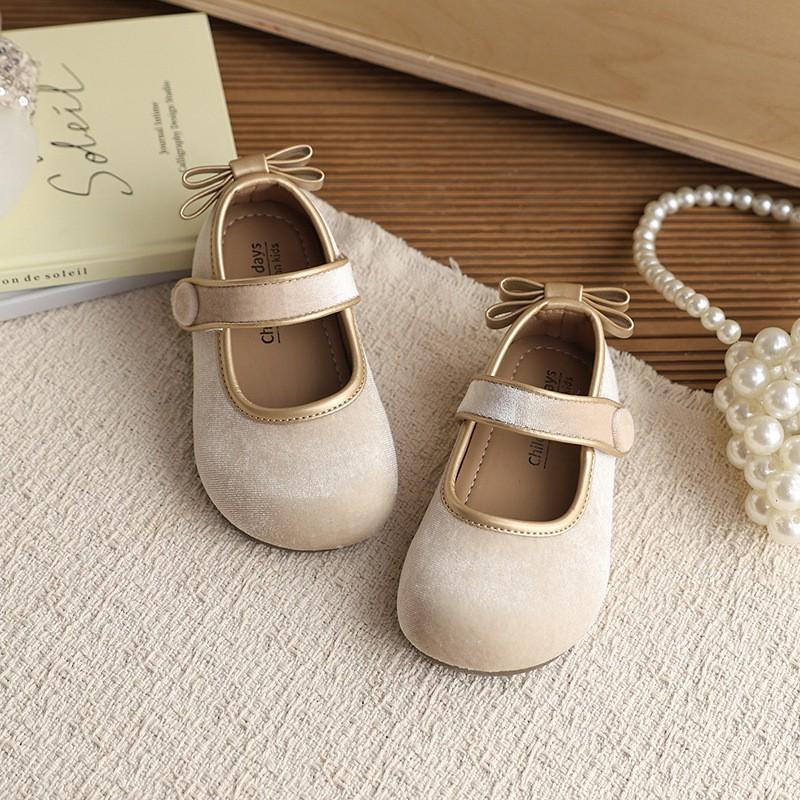 Girls Velvet Mary Janes With Bow Button Detail Soft Sole Flat Shoes Toddlers Kids
