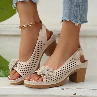 Modische florale Sandalen mit dicken hohen Absätzen für Damen 2025 Sommer Riemen Hohl Große Größe Damenschuhe Plateau zum Hineinschlüpfen Sandalen