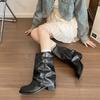 Fashion Vintage Style Chunky Heel Pleated Stacked Boots Women  Autumn Winter Black Belt Buckle Punk Short Botines Slip on Shoes Women