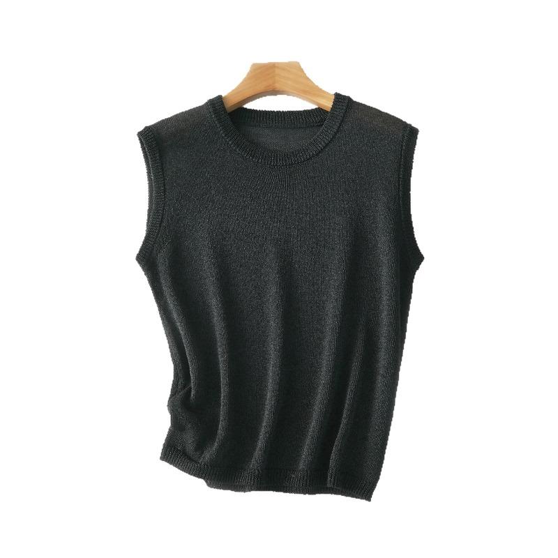 Silk and Paper Yarn Sleeveless Crew Neck Pullover Knitted Vest Women's Summer Light and Comfortable Bottoming Shirt