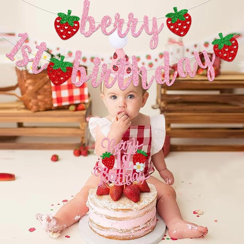 Berry First Birthday Decorations Banner Glitter Strawberry Happy 1st Banner Berry Birthday Cake Topper for Strawberry Theme Baby Shower y Party