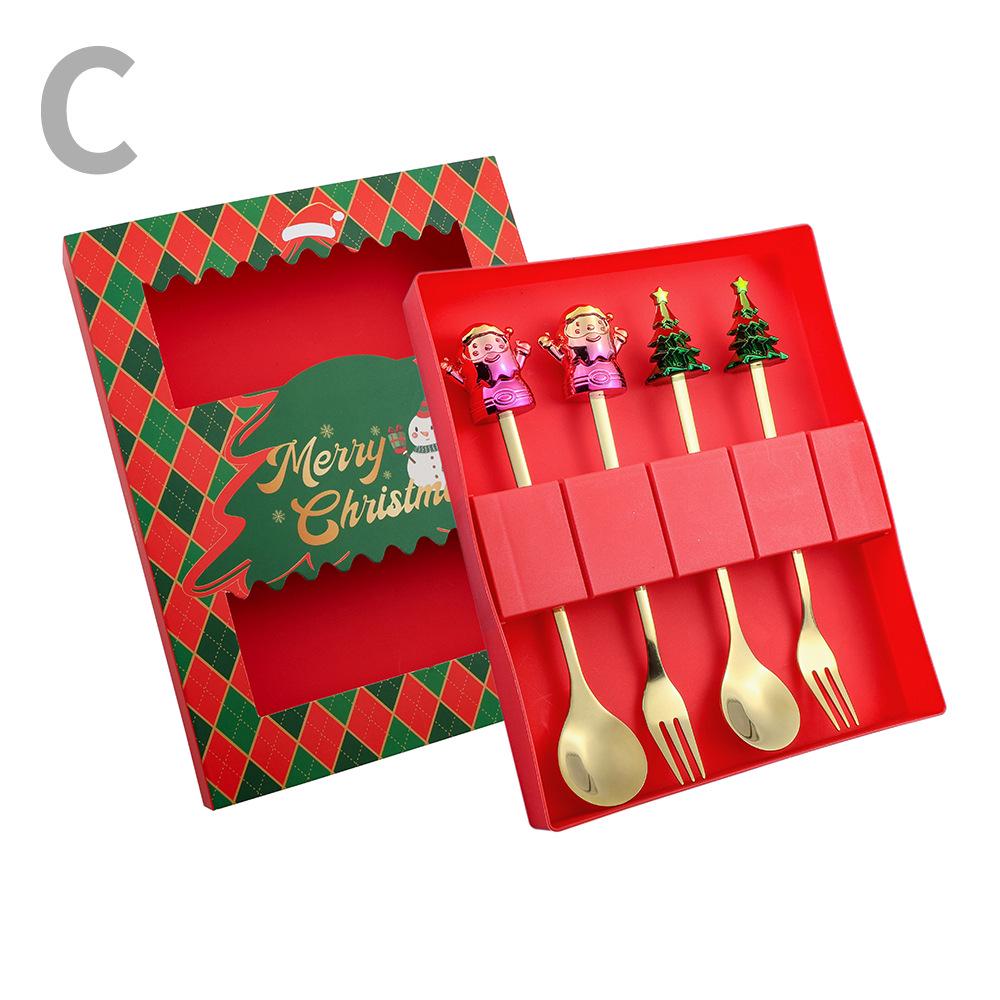 Cartoon Santa Claus Christmas Tree Coffee Dessert Spoon & Fork Gift Set