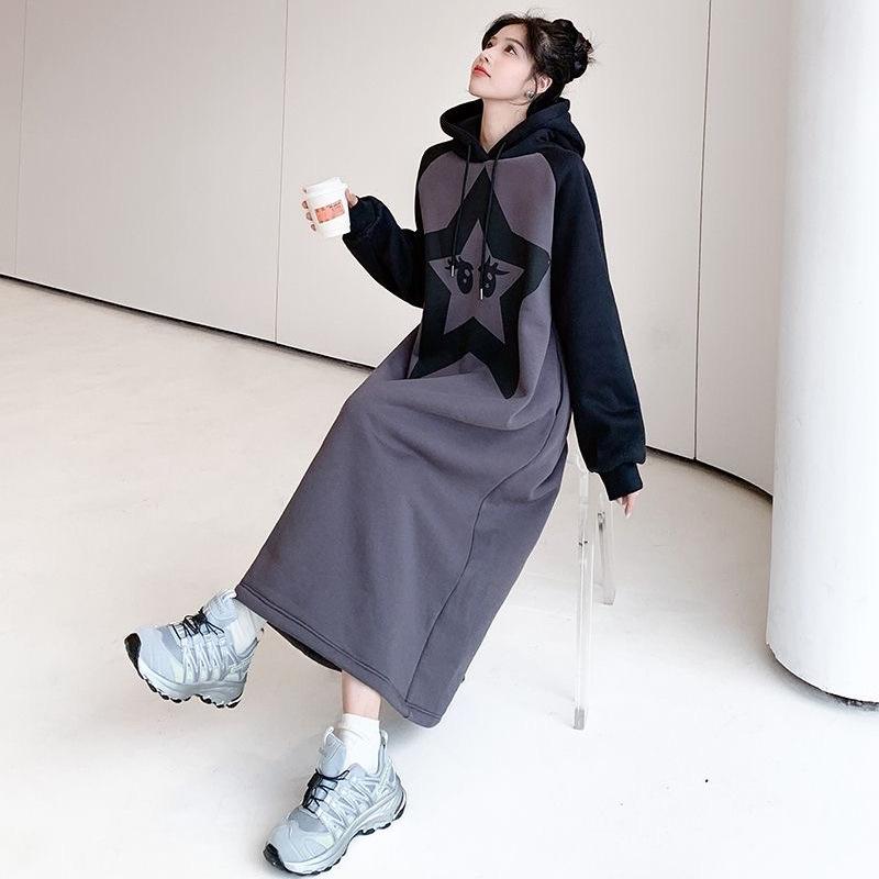 Women's Fashion Fall Winter Star Print Long Sleeve Hooded Loose Waistline Casual Dresses