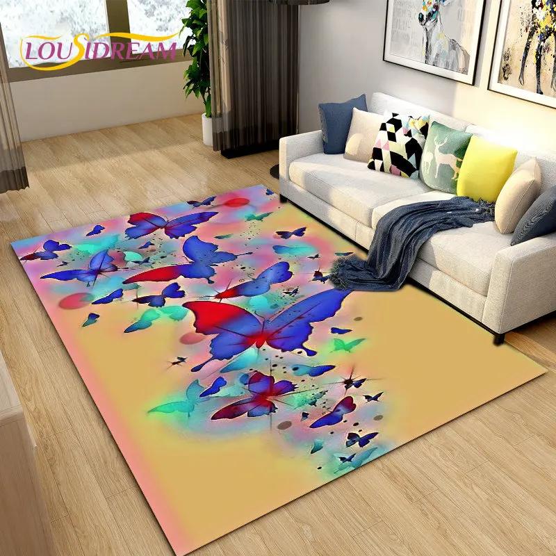 3D barevný koberec Butterfly Flower Area,Koberec do obývacího pokoje Ložnice Pohovka Yoga,Kuchyně Koupelna Rohožka Protiskluzová podložka na podlahu