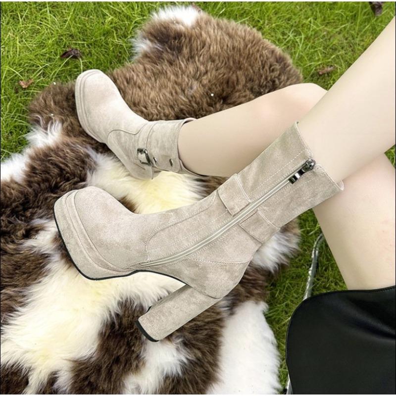 Fashion Vintage Platform Thick High Heel Women Mid-Calf Boots Fashion Slip On Autumn Winter Female Western Short Booties Botas De Mujer