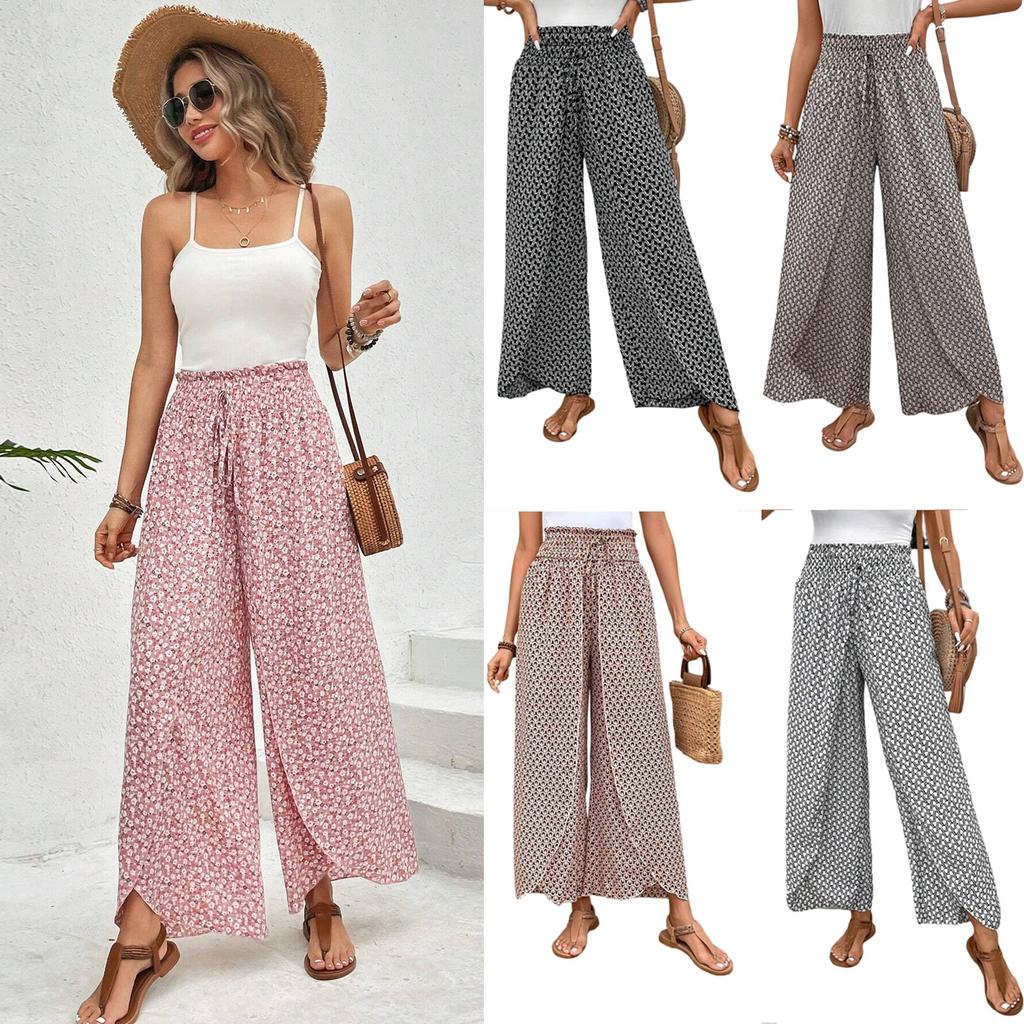 Women's Palazzo Pants Floral Wide Leg Trousers Summer Beach High Pants