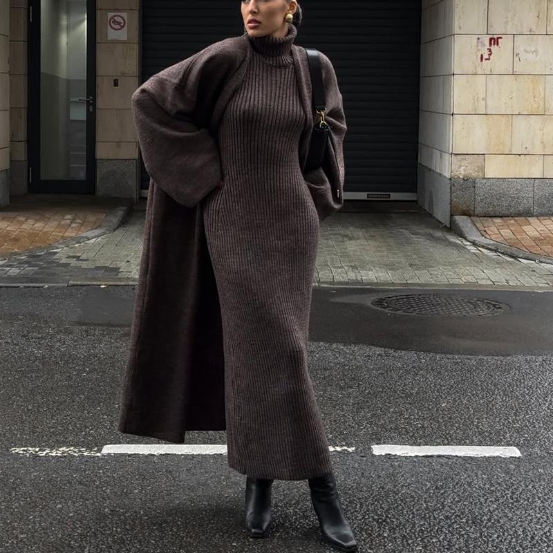 2025 Herbst/Winter Damen Slim-Fit Rollkragen Langkleid Cardigan Pullover Set