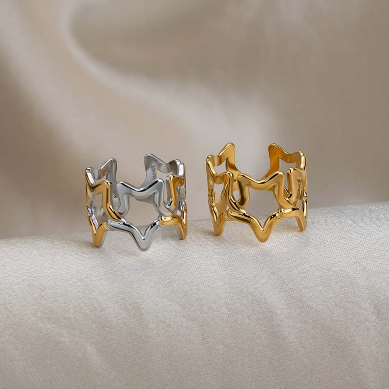 Vintage Gold Color Star Open Ring For Women Stainless Steel Metal Hollow Star Adjustable Finger Rings Jewelry Party Gift