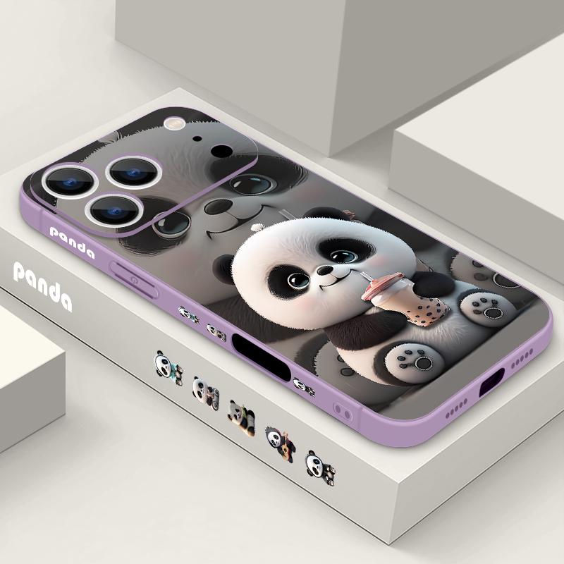 Milk Tea-drinking Panda Lanyard Case For iPhone 17 Pro Max Soft Silicone Cover For iPhone 16 Pro Max Funda iPhone 15 14 13 12 11 16E Air