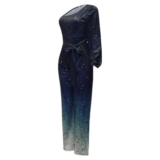 Women Party Jumpsuit Wide Leg High Waist Shiny Powder One Long Sleeve