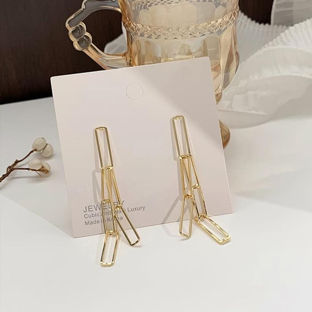 Silver needle long earrings, earring chain, daily chain, square tassel