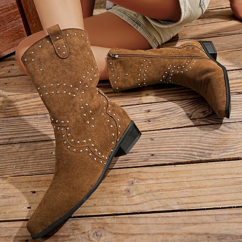 Fashion Fashion Pointed Toe Suede Rivet Side Zipper Soft Sole Non-Slip Wear Resistant Autumn Booties for Women