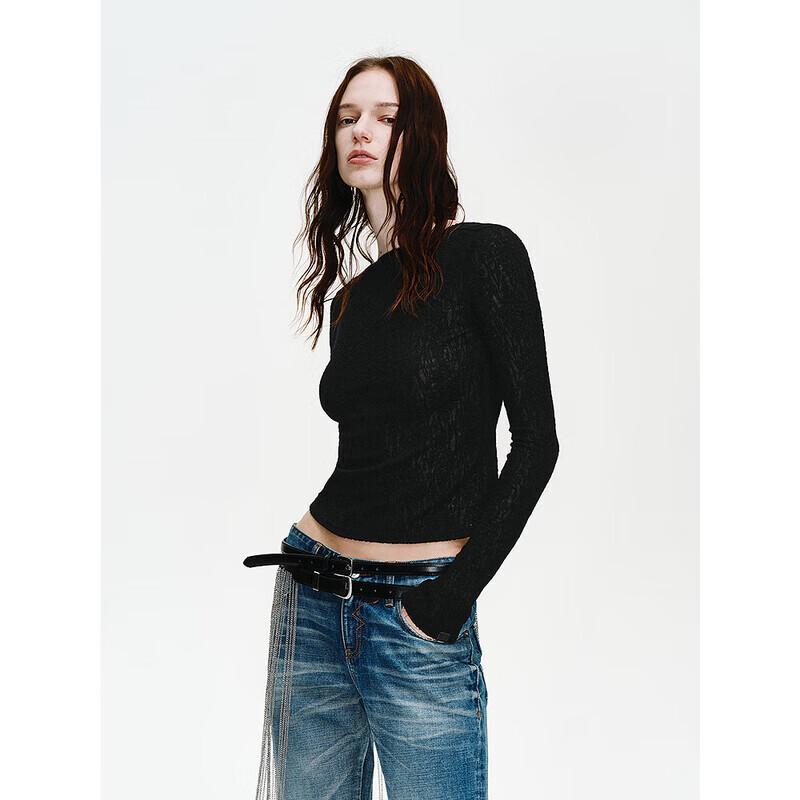 Elegant Jacquard Off-Shoulder Backless Long Sleeve T-Shirt S