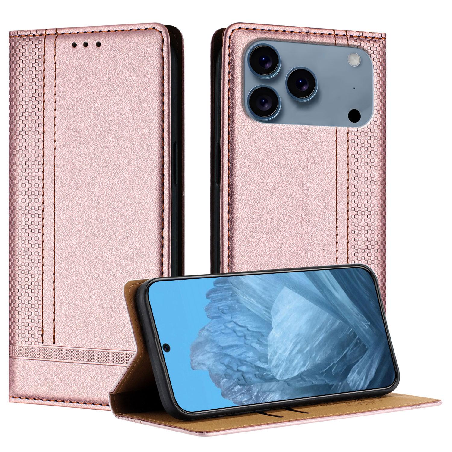 

For iPhone 17 Pro Max Case L-Shaped Grid Pattern Leather Stand Phone Cover with Card Slots Rose Gold