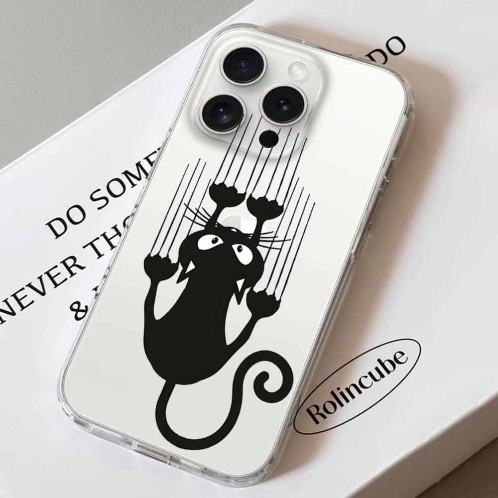 Black Cat Scratching Wall Phone Case Soft Transparent Case For IPhone 17 16 15 14 13 12 11 Pro Max Mini Plus Shockproof Cover Ca