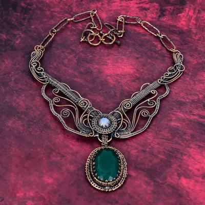 Faceted Zambian Emerald Necklace Copper Wire Wrapped Rainbow Moonstone Jewelry Adjustable Chain Necklace