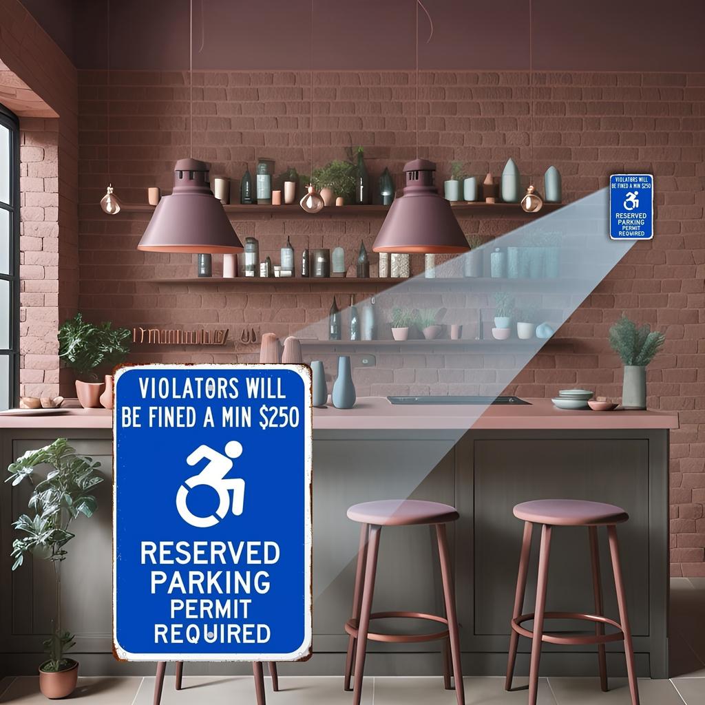 2D Flat - ADA Violators Will Be Fined a Min of $250, Reserved Parking Metal Sign, 8x12 Inch Waterproof Iron Wall Art Decoration