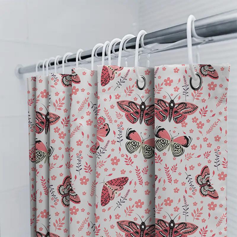 Vibrant Butterfly Pattern Shower Curtain For Bathroom Decor Pink Floral Design Fabric Waterproof Home Decoration