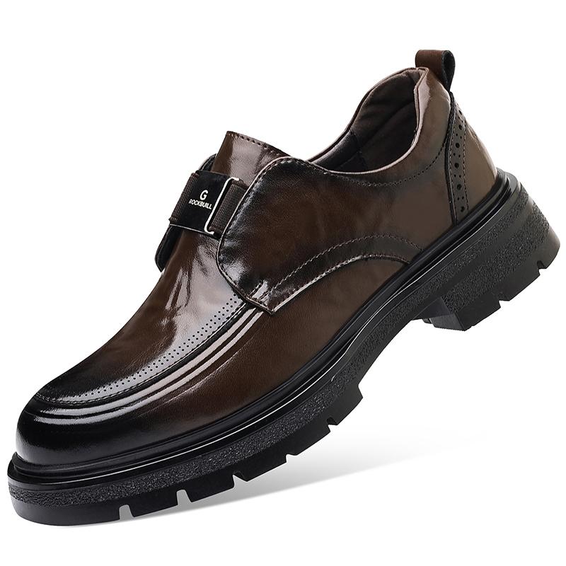 2026 Spring New Fashion Men Leather Loafer Slip-On with Metal Buckle Comfortable Rubber Anti-Slip Thick Sole for Business Casual