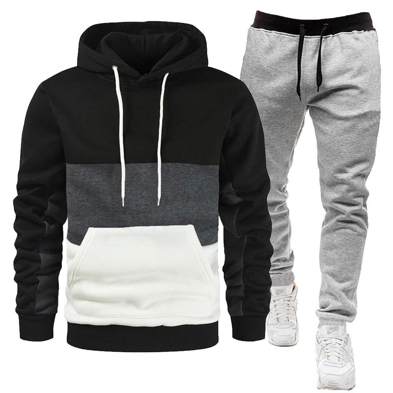 Men's Color Block Hoodie & Sweatpants Set Casual 2PCS Tracksuit, Drawstring Sportswear Outfit