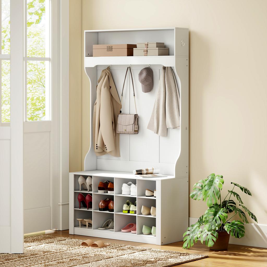 Hallway Coat Rack with Shelf, Bench, Hooks, Shoe Compartments, Particleboard, MDF, White