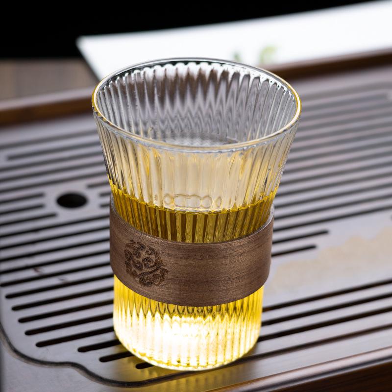 Chinese Style Insulated Glass Cup: Anti-Scald Vertical Stripe Tea, Water, Juice & Coffee Cup for Living Room Use