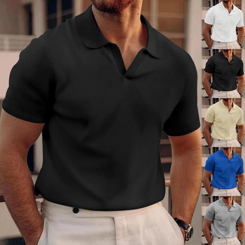 Mens Short Sleeve Waffle Turn Down Collar Solid Casual Polo Shirt