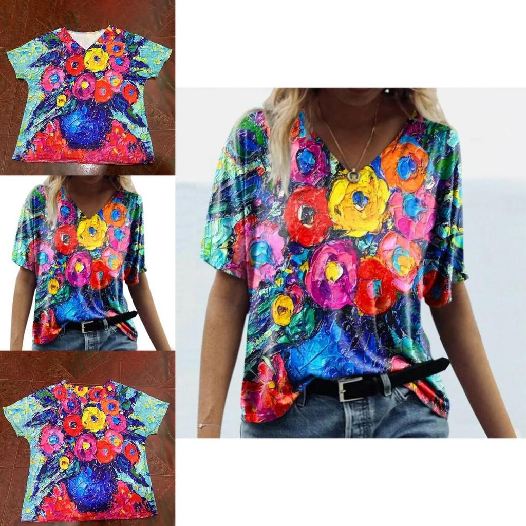 Summer Casual T Shirt With Floral Print And V Neck For Women