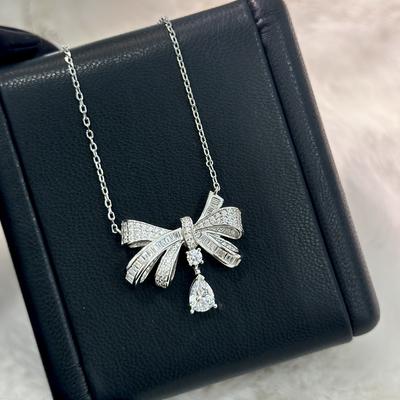 Fashion Luxury Jewelry S925 Pure Silver Water Droplet Bow Full Diamond Women's Necklace. Valentine's Day Gift