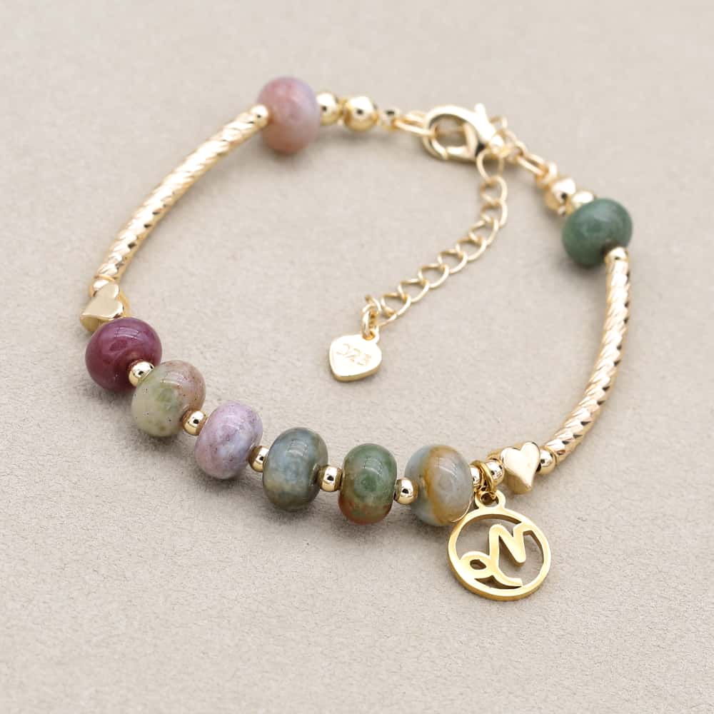 Women Constellation Zodiac Charm Strand Bracelet Natural Stone Indian Jasper Beads Gold Plated Fashion Jewelry Gifts
