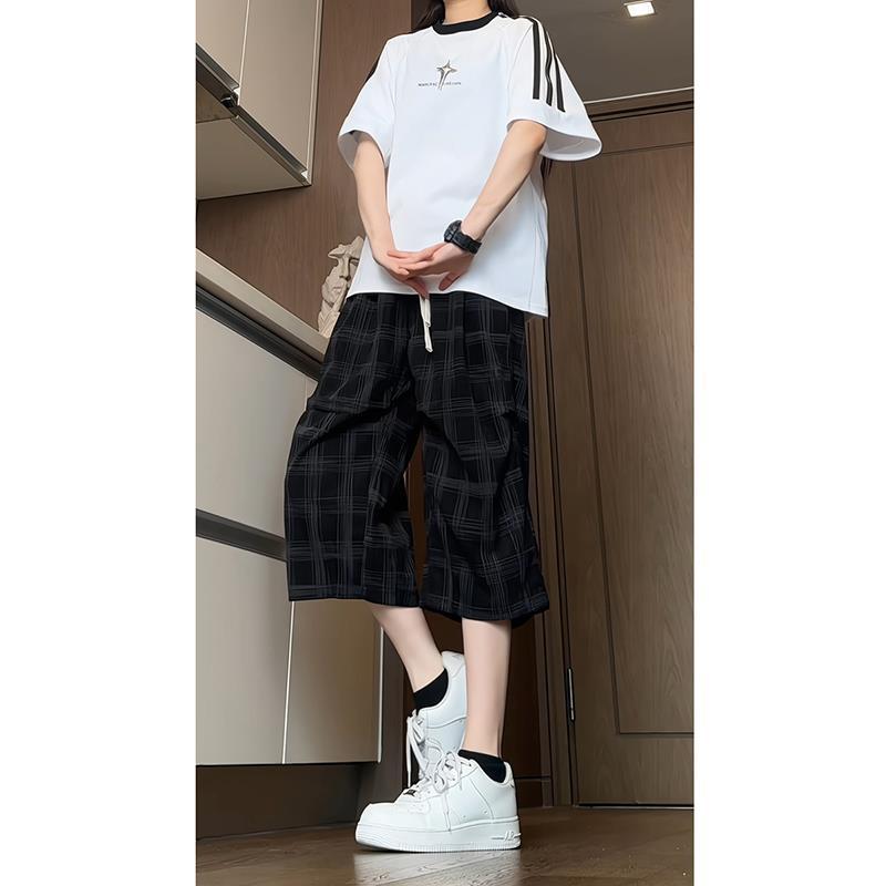 

New Chinese Style Ice Silk Quick-drying Sports Shorts Men s Design Pleated Loose Wide-leg 7-leg Pants Summer M чорний