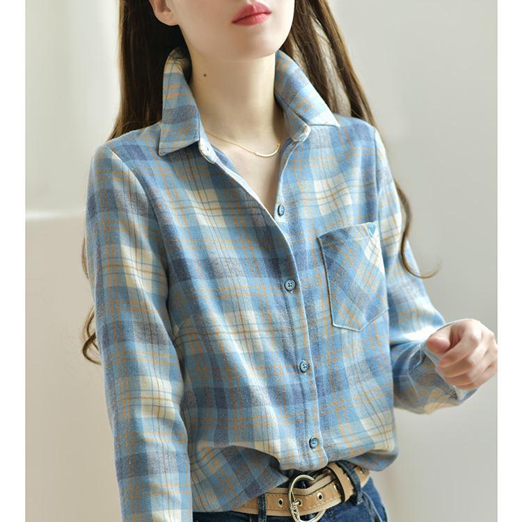 

2025 Women s Brushed British Style Blue Plaid Long Sleeve Casual Outerwear Shirt L