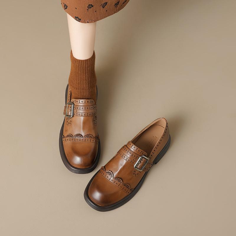 Loafers Autumn Women'S Shoes Thick Heel Low Heel Low Top Shoes Carved Retro Deep Mouth Single Shoes Small Leather Shoes