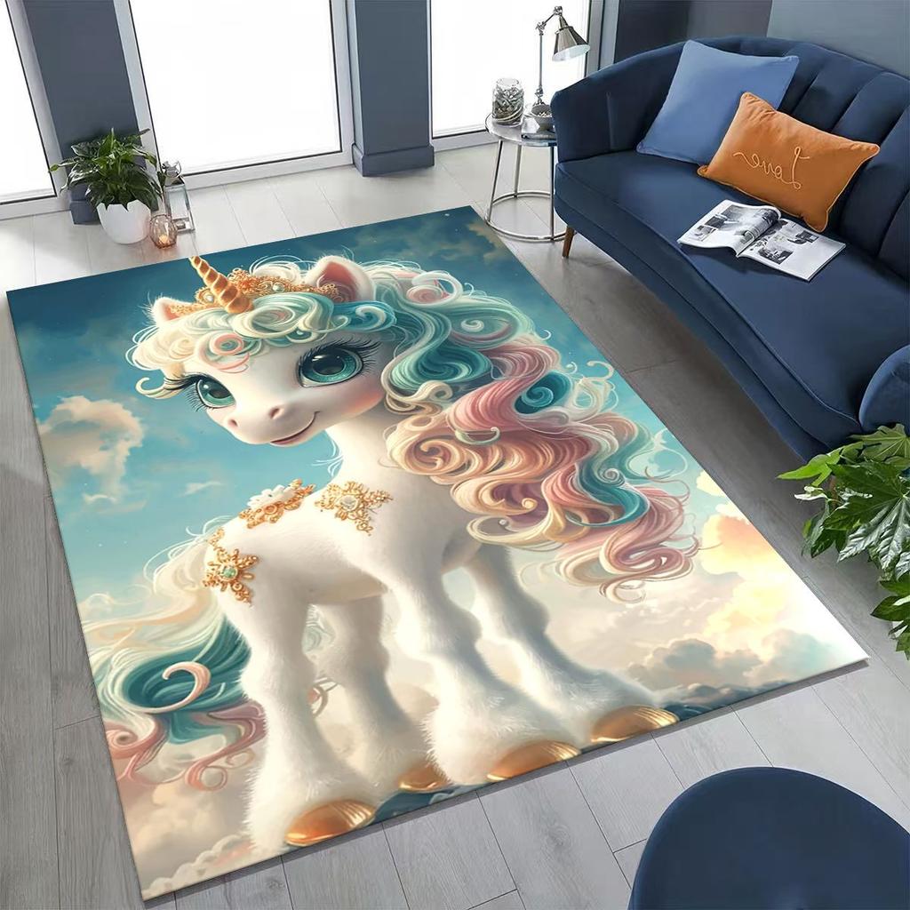 Cartoon Rainbow Unicorn Elves Girl Gift Rug for Bedroom Living Room Sofa Home Doormat Decor, Large Kid Play Non-slip Floor Mat
