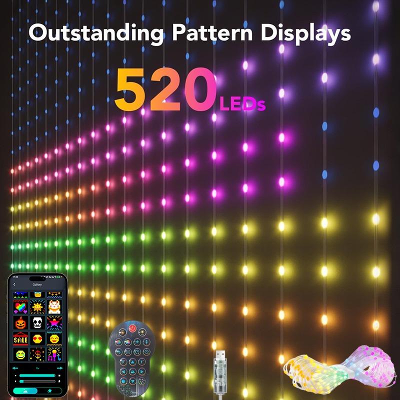 Smart Curtain Lights 400LED Curtain Light App LED String RGB Fairy Lights DIY Music Change Display for Window Bedroom Decoration