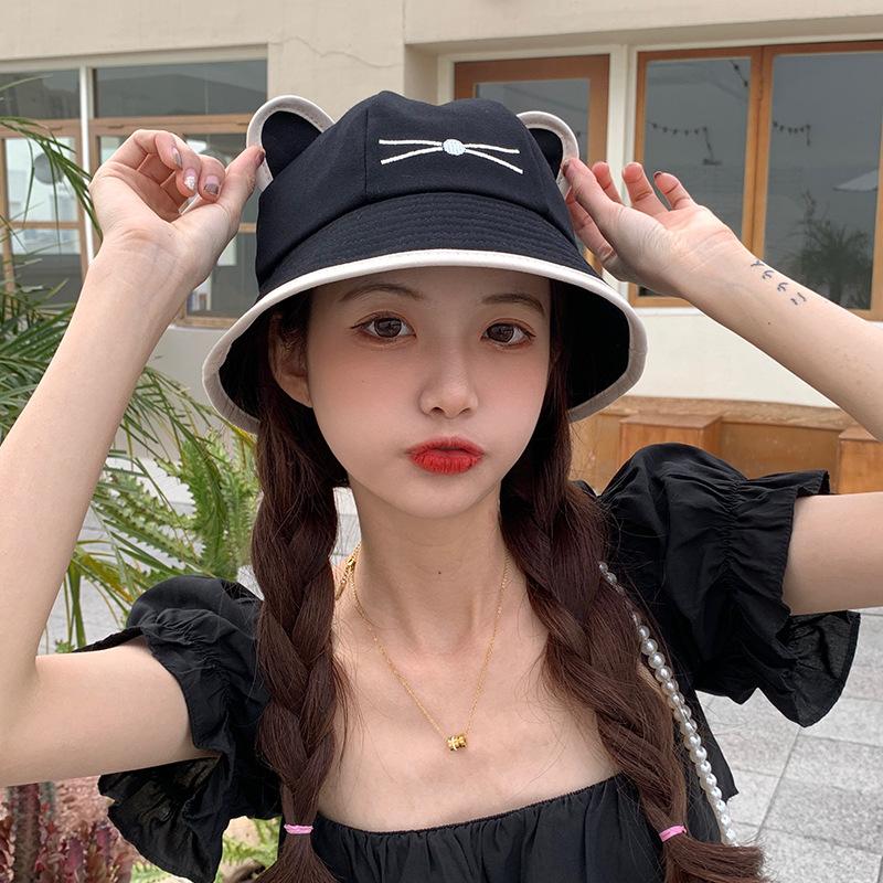 Cute cat hat bucket hat female summer small fresh versatile basin hat student sun hat cat ear hat
