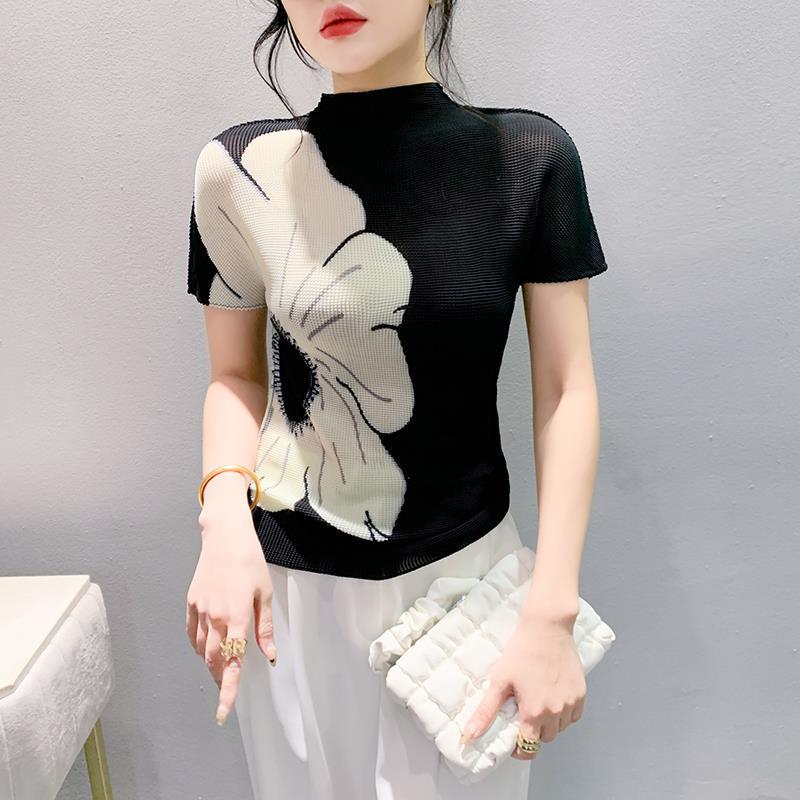 

2024 Женская футболка в европейском стиле с 3D цветочным принтом, приталенного кроя, с коротким рукавом 3XL