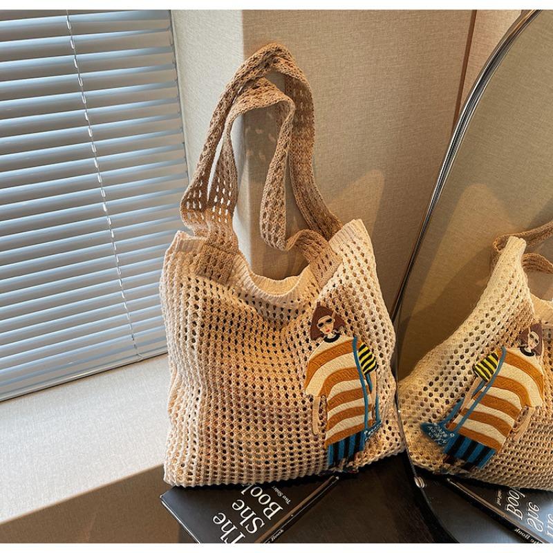 Fashion tote big bag spring new woven hollow mesh pocket casual cartoon fresh shoulder bag bag